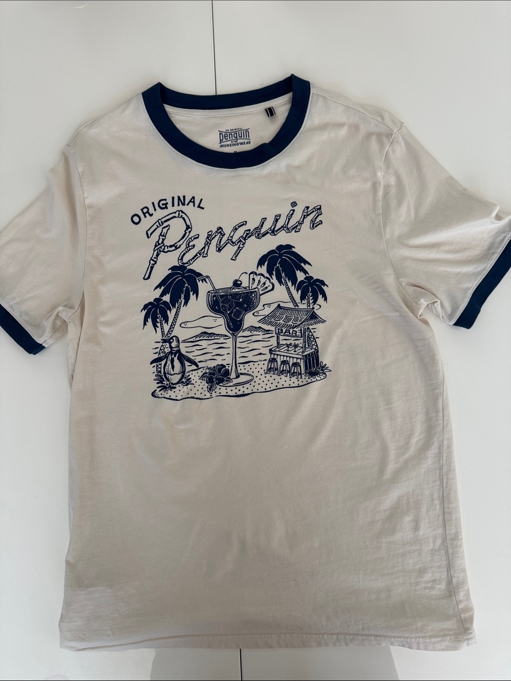 Original Penguin Cream Short-Sleeve Ringer Tee with Navy Graphic